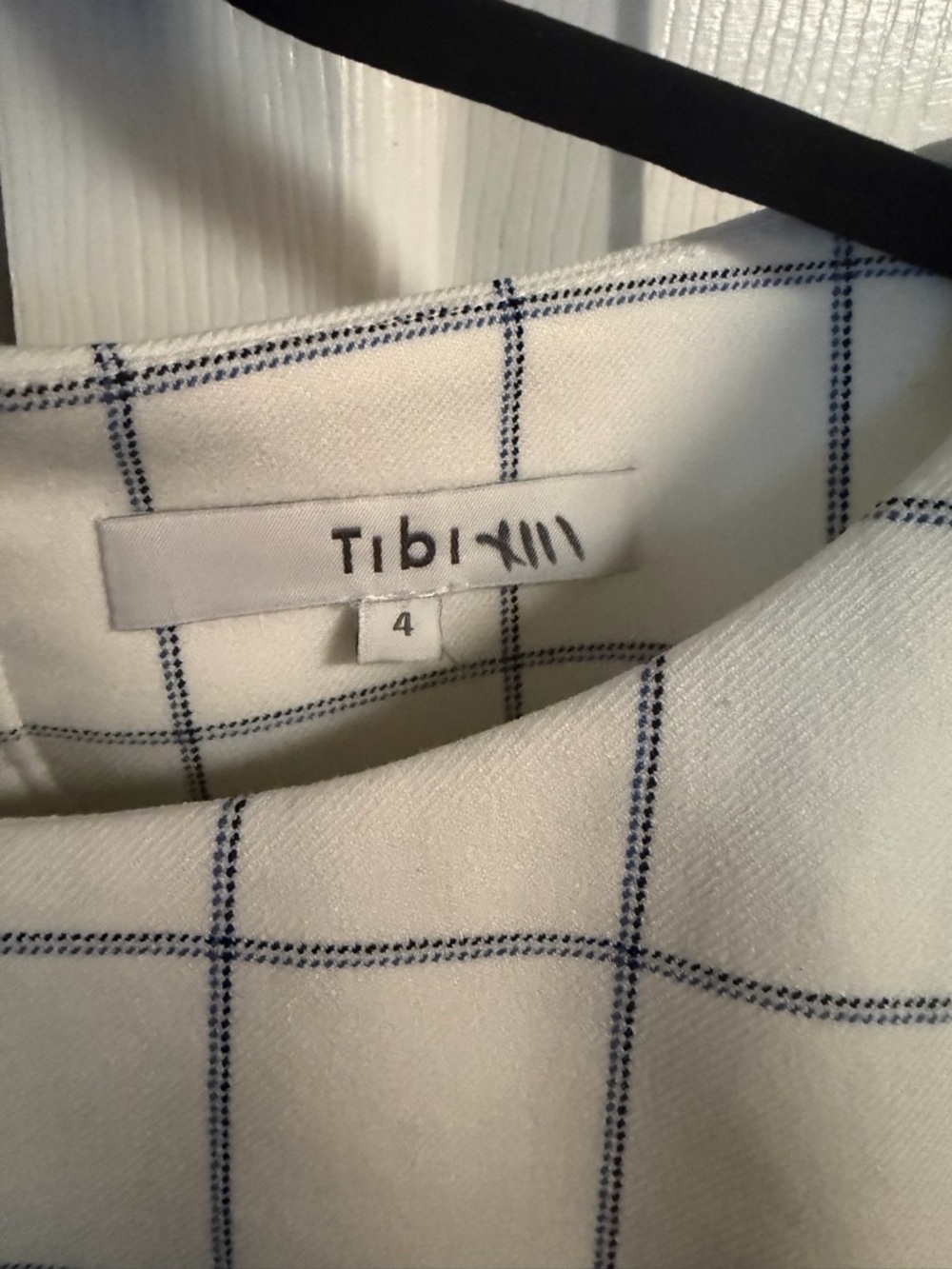 Tibi Cream Blouse with Blue Windowpane Plaid and Ruched Cuffs - Picture 5 of 7